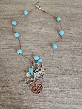 Turquoise Beaded Charm Necklace with Copper Texas Pendant